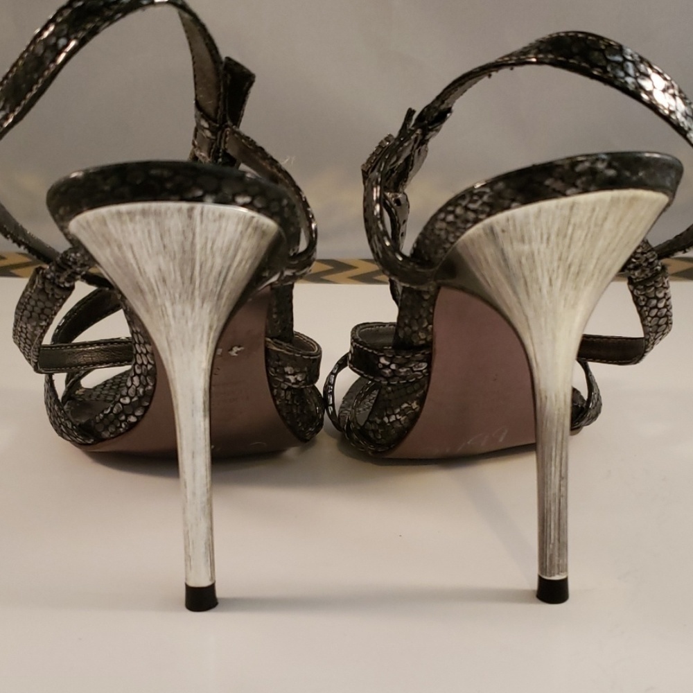 ALDO Sexy Stilettos Metallic Silver Snakeskin Strappy Heels 38 Fits 6.5 EUC - Picture 6 of 8